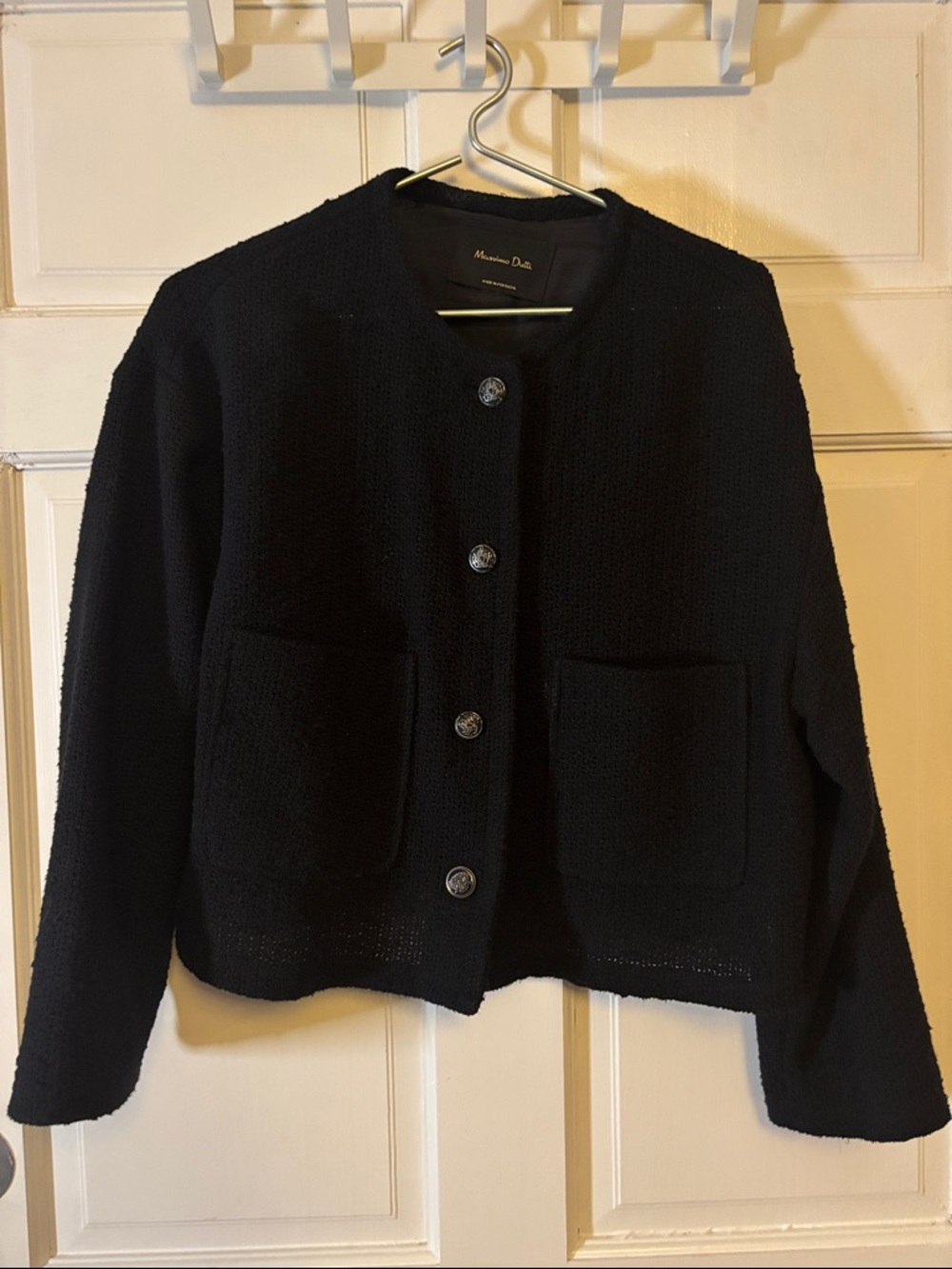 Massimo Dutti Black Textured Knit Button Jacket
